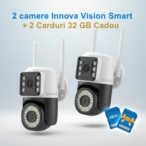 Set 2 x Cameră Video Duală INNOVA VISION SMART 6MP , 42 Led, Vedere 360°, Wifi +2 card 32gb Cadou